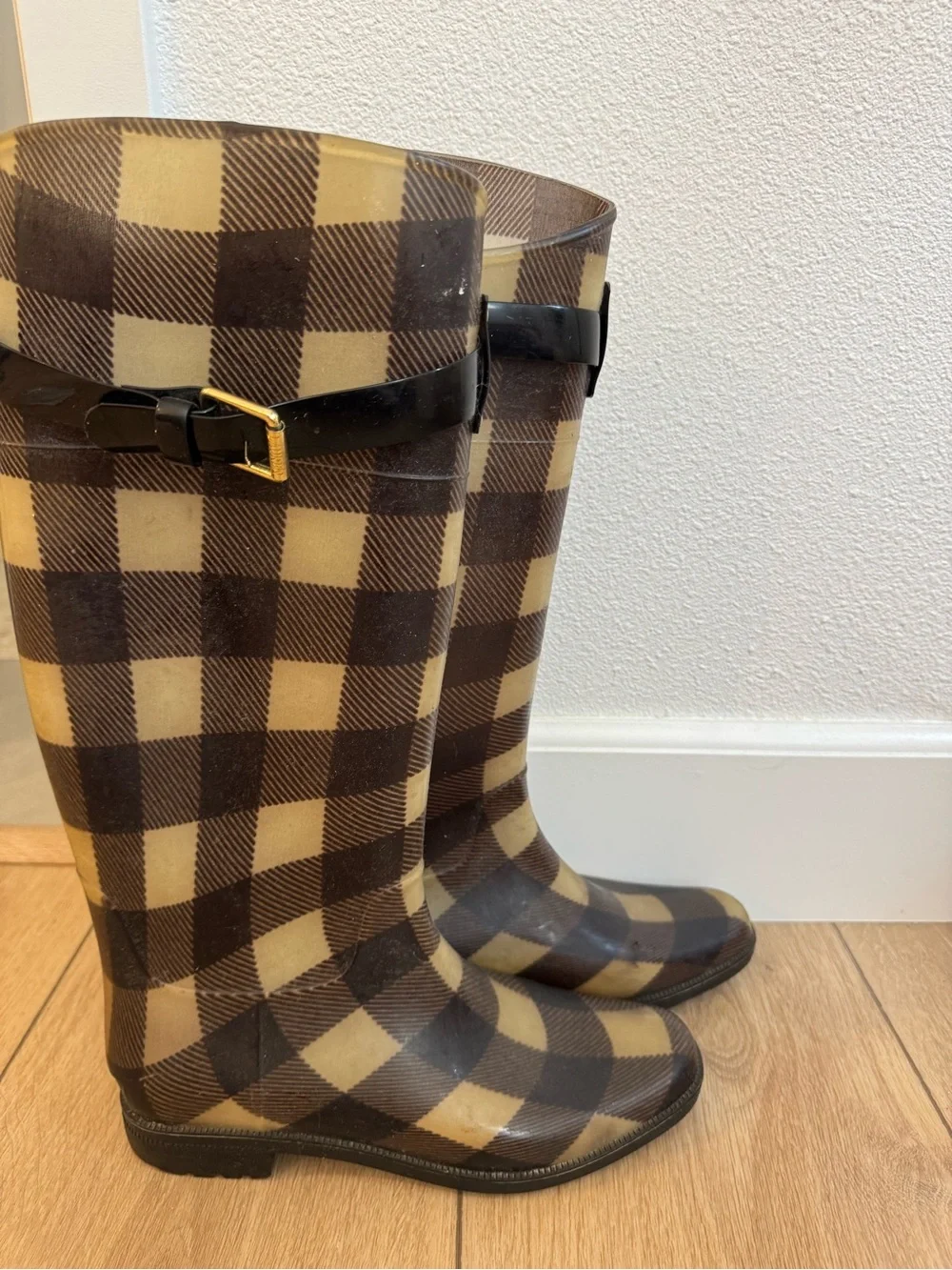 Lauren Ralph Lauren Buffalo Plaid Tall Rain Boots Black Tan Women’s Size 9